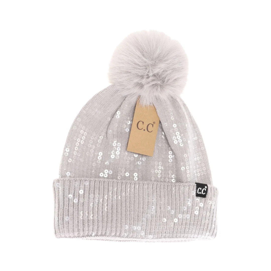 Allover Clear Sequin Faux Fur Pom C.C Beanie