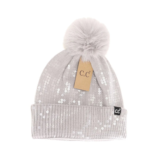 Allover Clear Sequin Faux Fur Pom C.C Beanie