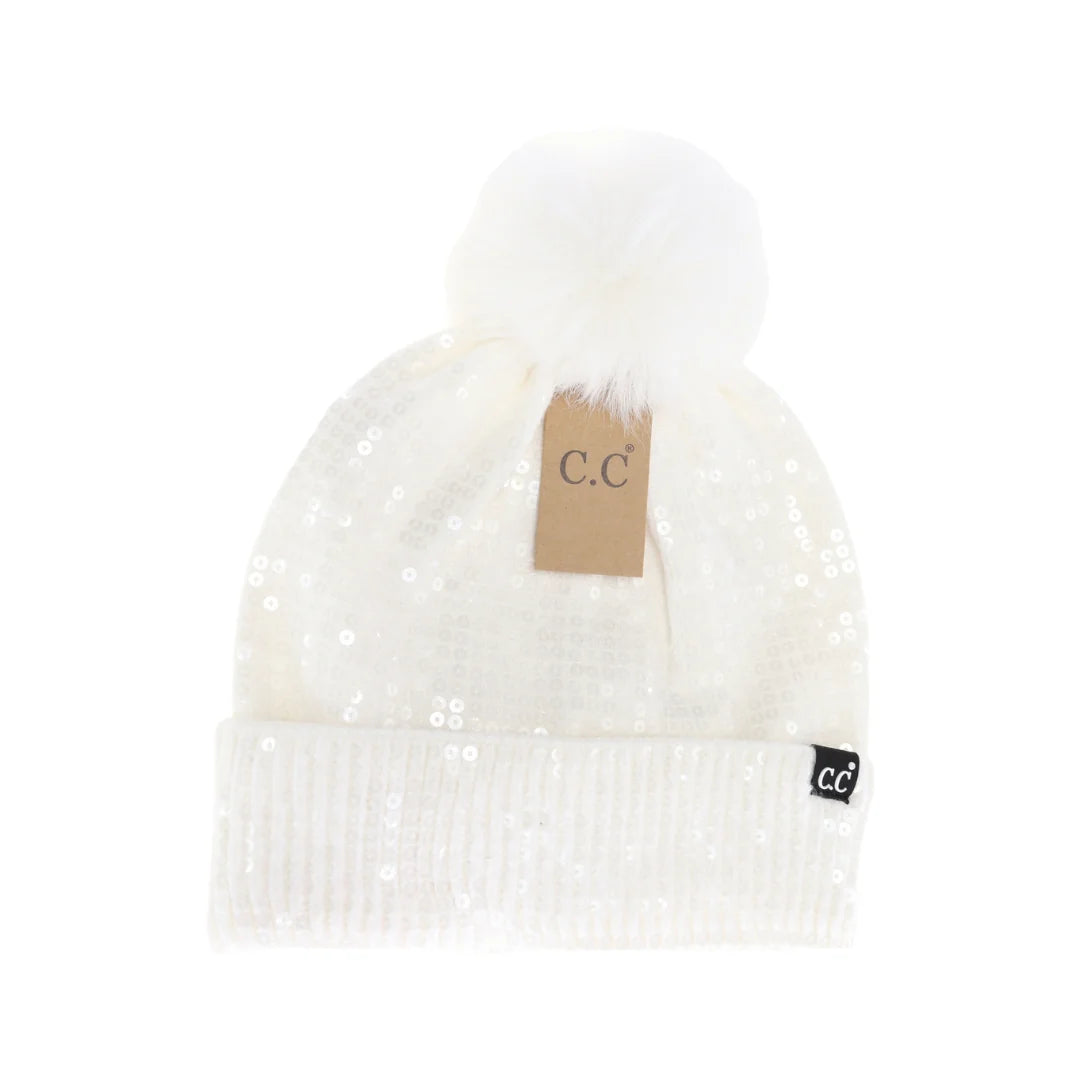 Allover Clear Sequin Faux Fur Pom C.C Beanie