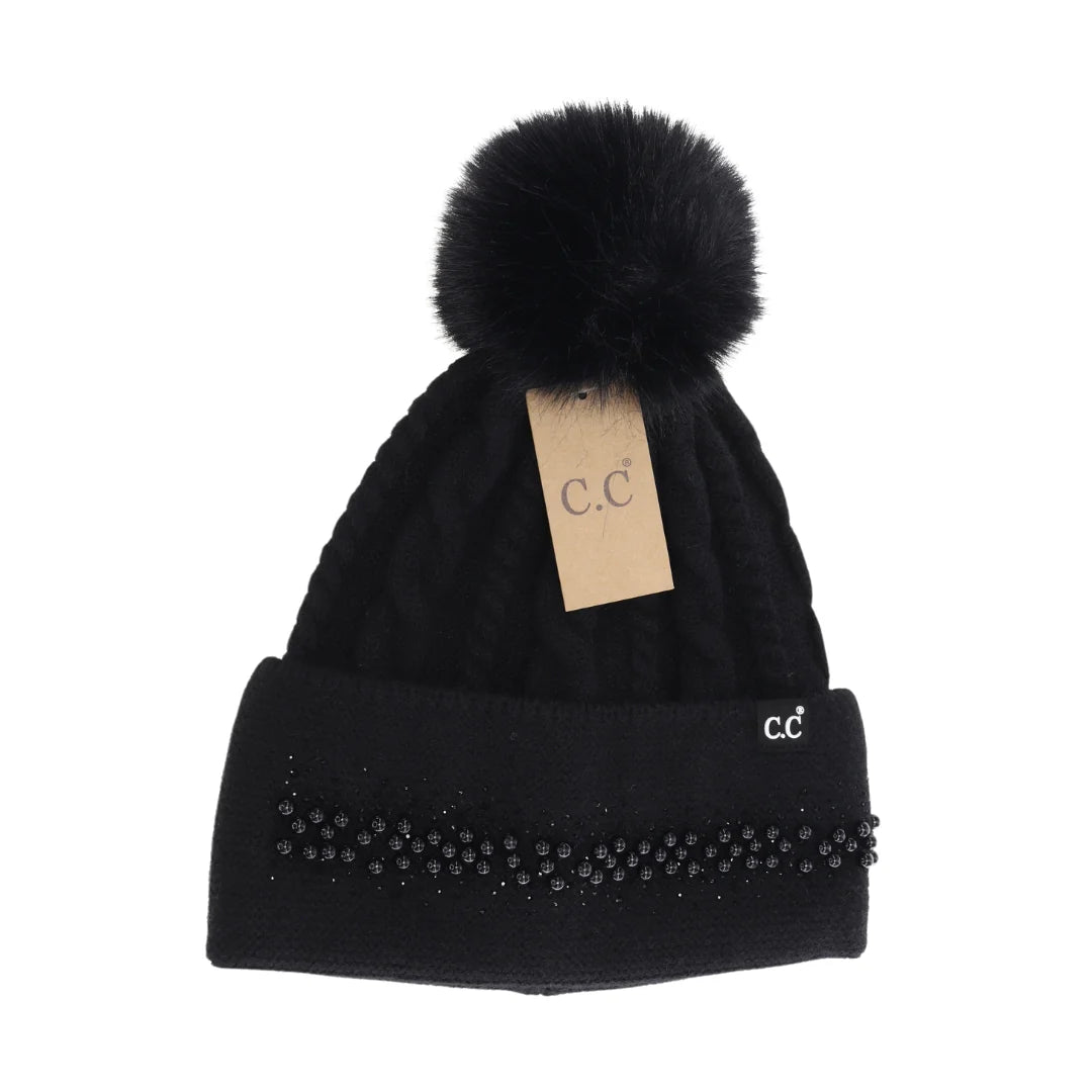 Pearl Embellished Cuff Faux Fur Pom C.C Beanie
