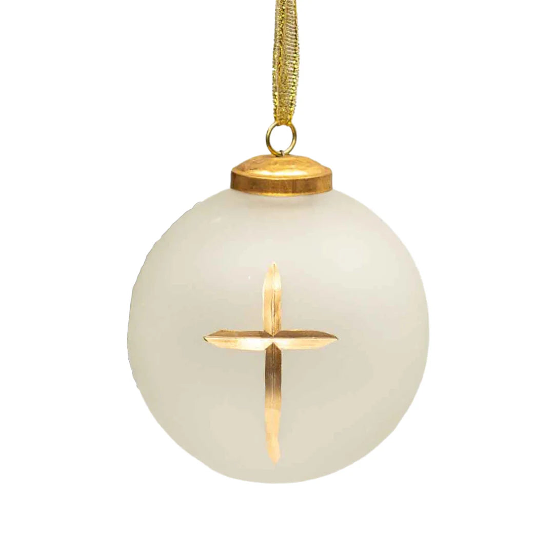 Frosted White Glass Ball Ornament With Gold Cross