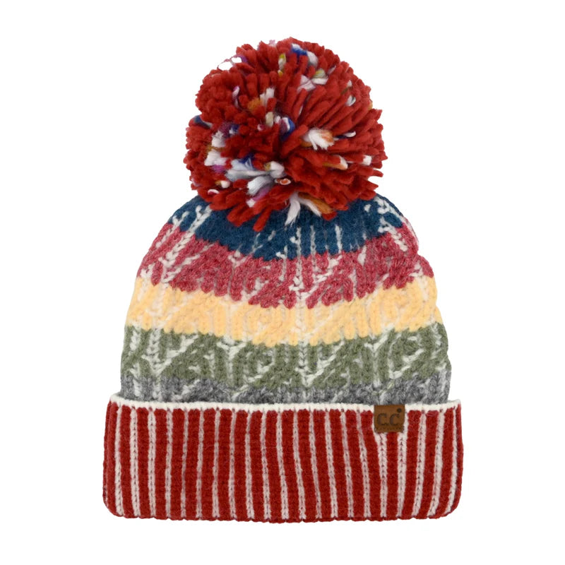 Cable Brick Multi Color Block Yarn Pom CC Beanie