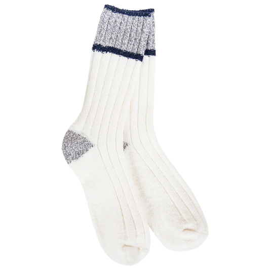 World's Softest Socks Weekend Ragg Color Block Crew- Ivory/Grey/Navy- 914