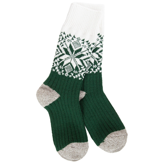 World's Softest Socks Weekend Holiday Crew- Green/Ivory- 391