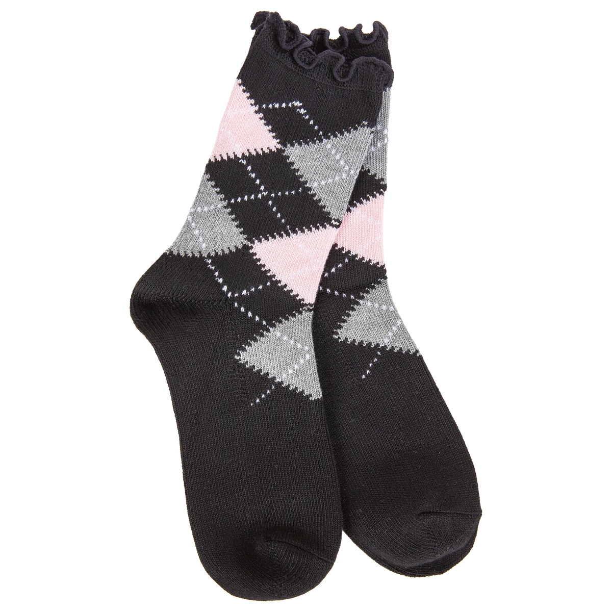 World's Softest Socks Weekend Argyle Ruffle Mini Crew-Black Argyle- 069