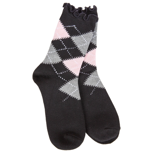 World's Softest Socks Weekend Argyle Ruffle Mini Crew-Black Argyle- 069
