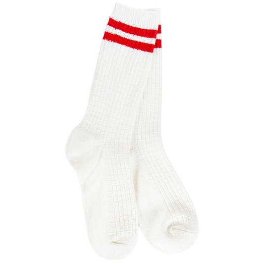 World's Softest Socks Weekend Waffle Stripe Crew- Ivory/Red- 969