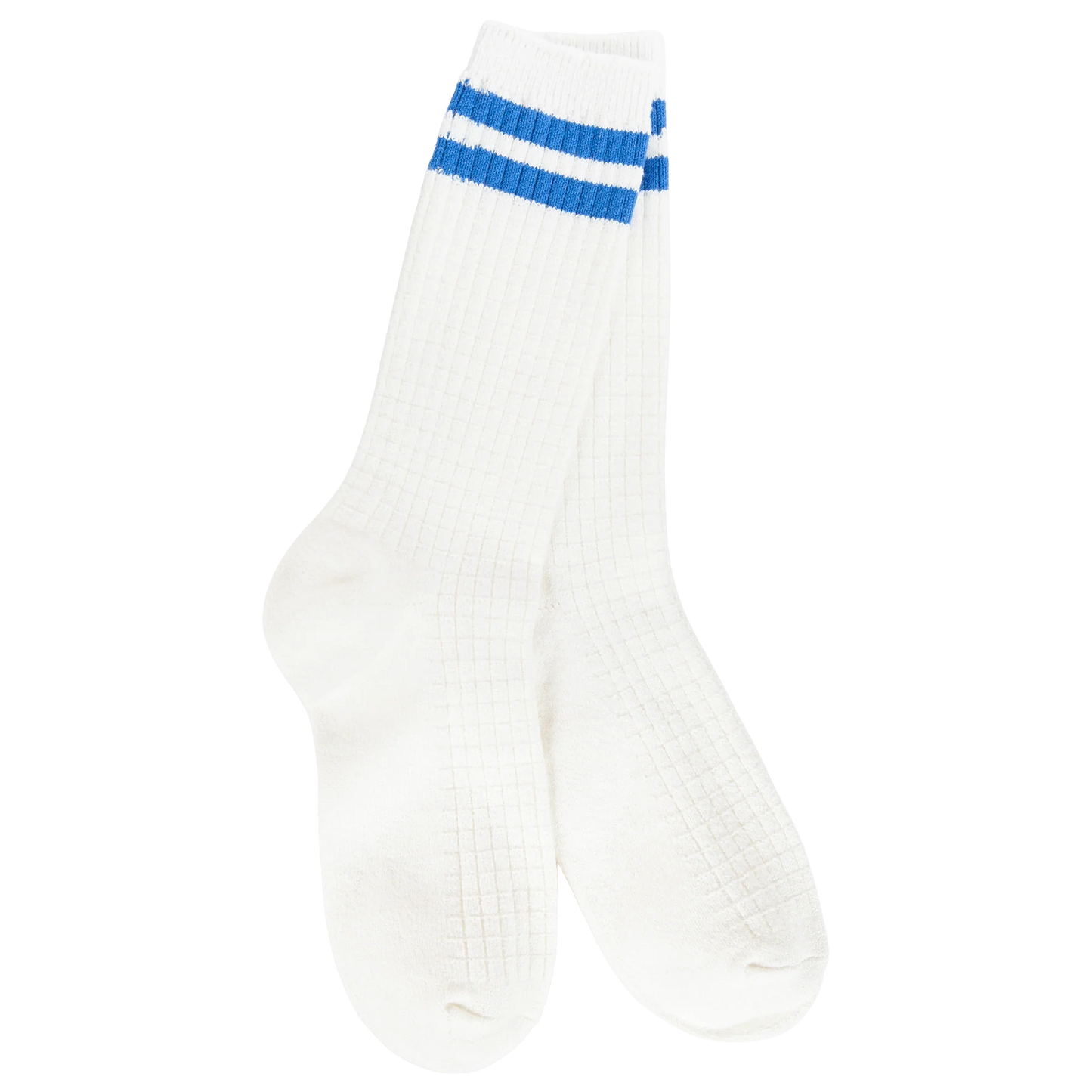 World's Softest Socks Weekend Waffle Stripe Crew- Ivory/Blue- 994