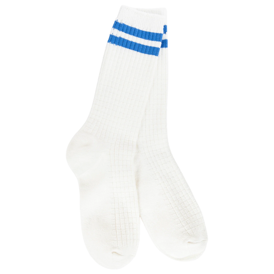 World's Softest Socks Weekend Waffle Stripe Crew- Ivory/Blue- 994