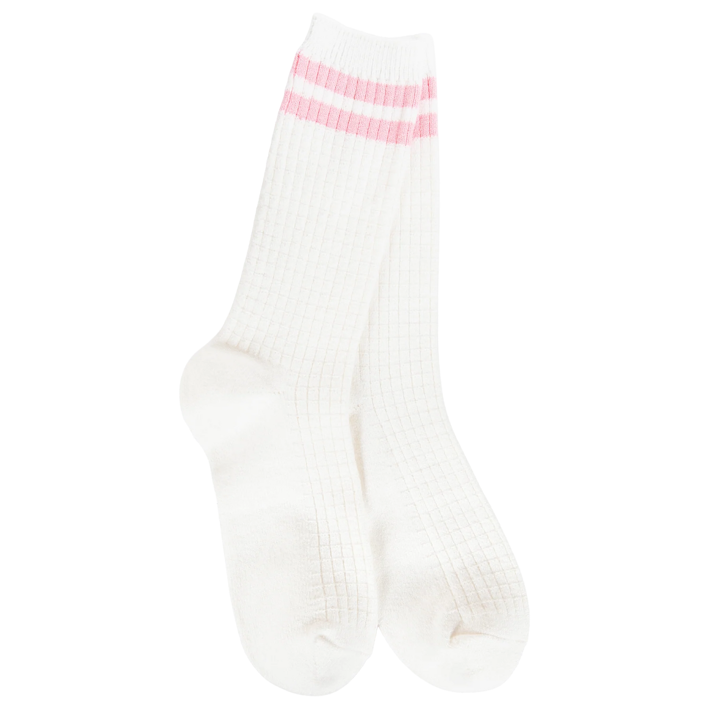 World's Softest Socks Weekend Waffle Stripe Crew- Ivory/Pink- 996