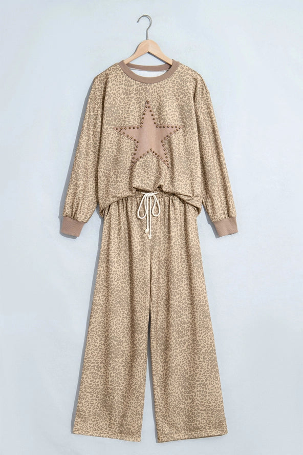Leopard Print Star Patch Loose 2 Piece Pants Set