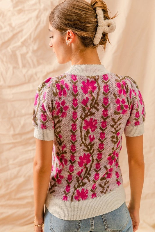 Floral Intarsia Knit Puffed Short Sleeve Sweater