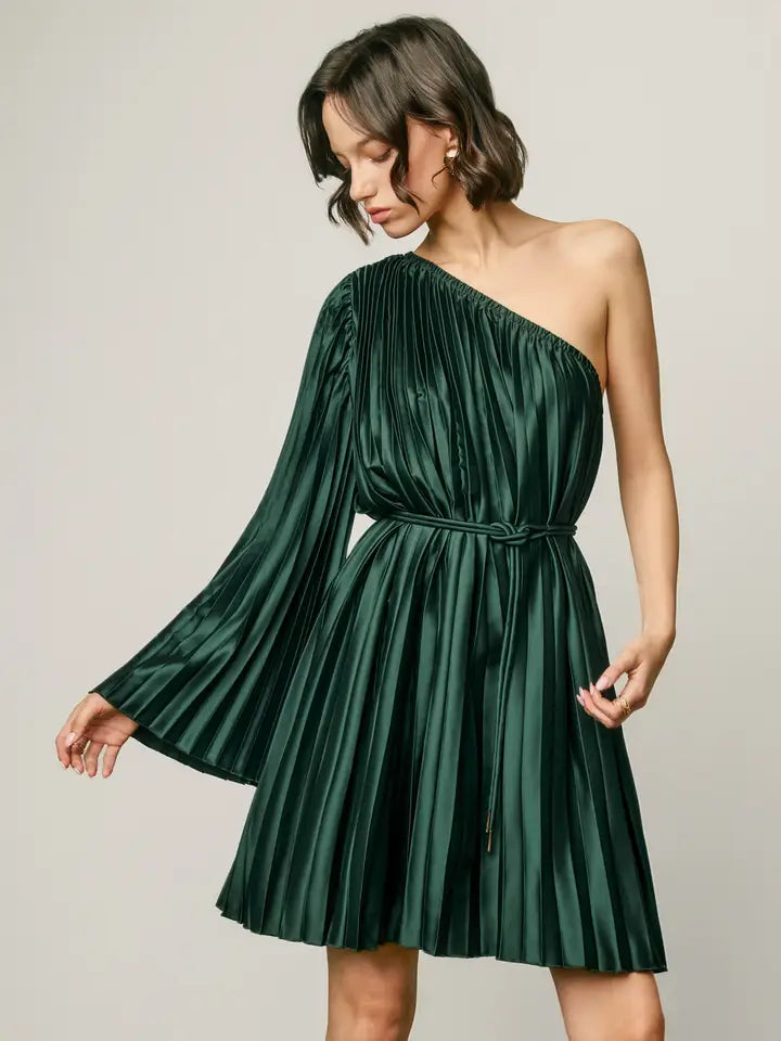 One Shoulder Pleated Satin Mini Dress
