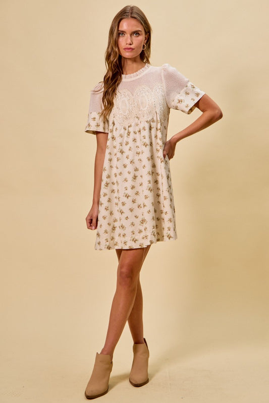 Floral Print Lace Trim Short Sleeves Mini Dress