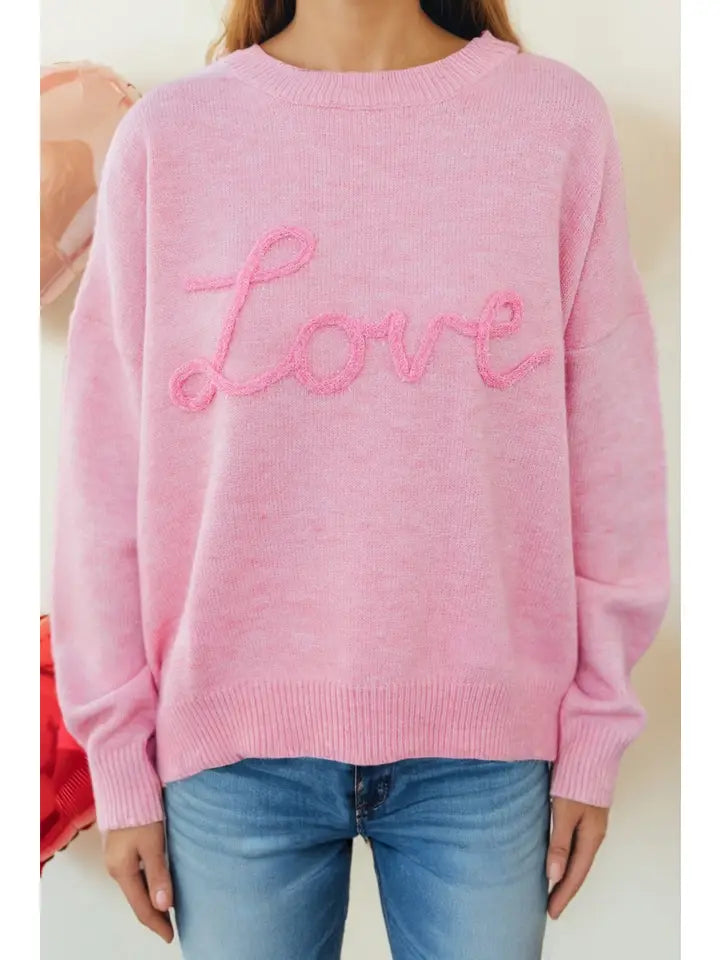 Pink Corded Love Script Baggy Sweater