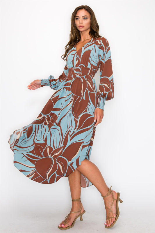 Mocha & Blue Long Leaf Print Dress