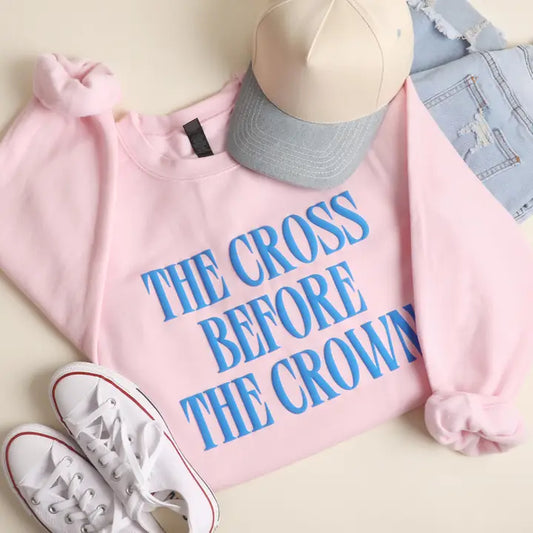 The Cross Before the Crown Puff Print Sweatshirt- Pink