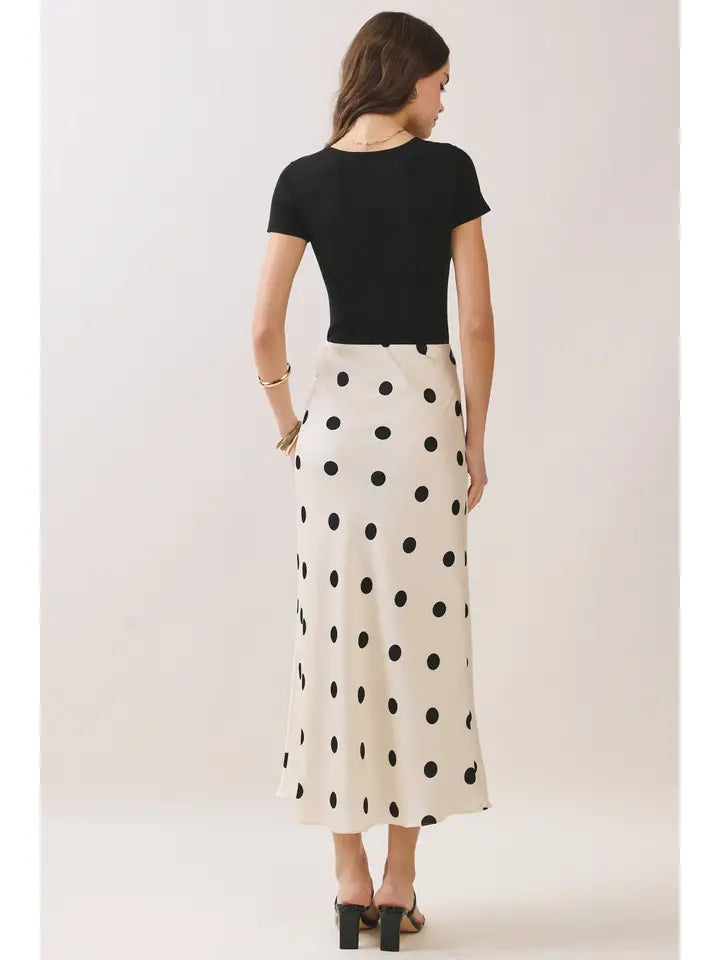 Off-White Polka Dot Print Elastic Waistband Maxi Skirt