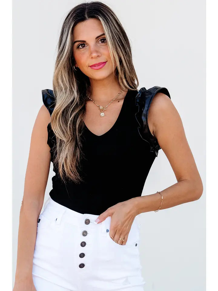 Leatherette Ruffle Patchwork Ribbed V Neck Bodysuit