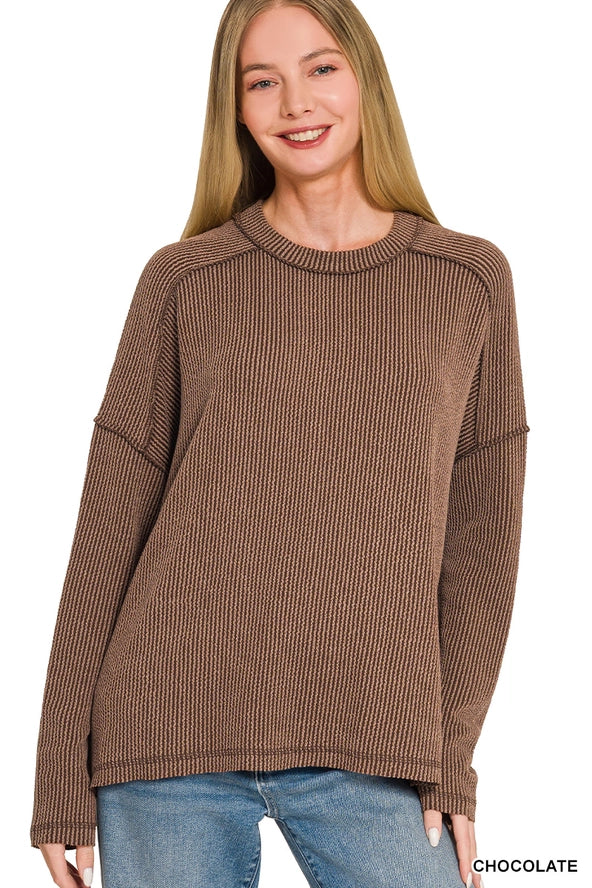 Zenana Raised Rib Boat Neck Long Sleeve Top