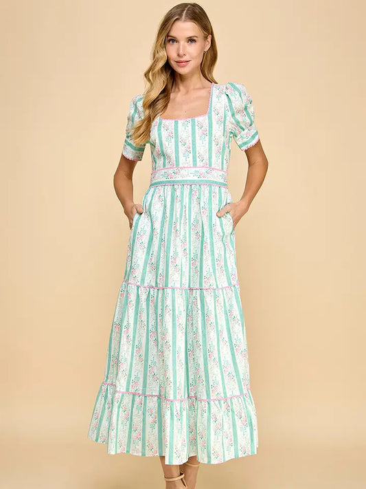 Striped Floral Cinched Waist Midi Dress