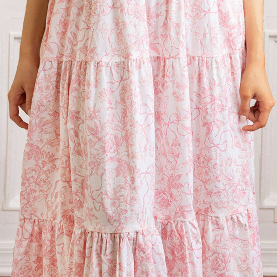 Pink Bow Toile Smocked Flutter Sleeve Dress
