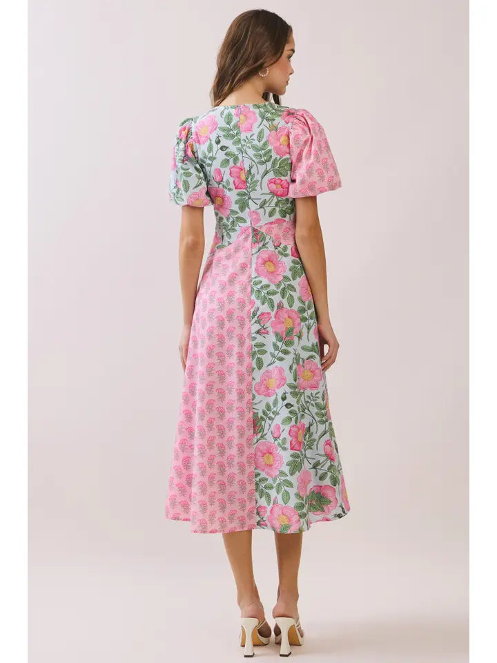 Pink Floral Pattern Midi Dress