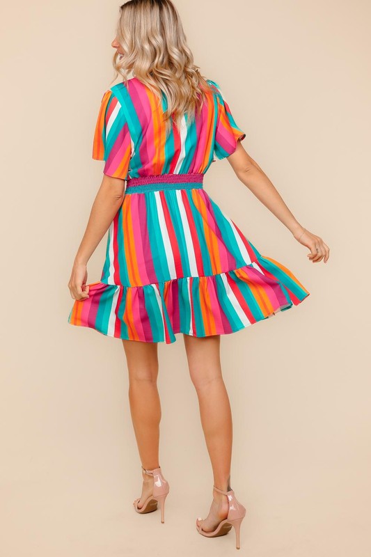 Smocked Waist Multi Color Stripe Woven Dress