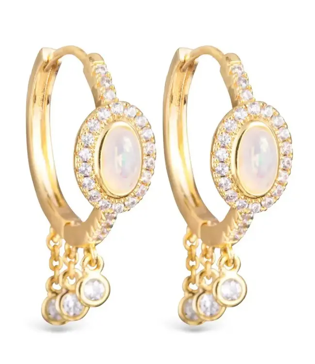 Gold Cubic Zirconia and Oval Opal Huggie Earrings With Cubic Zirconia Droplets