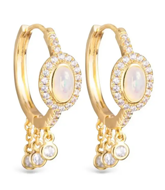 Gold Cubic Zirconia and Oval Opal Huggie Earrings With Cubic Zirconia Droplets