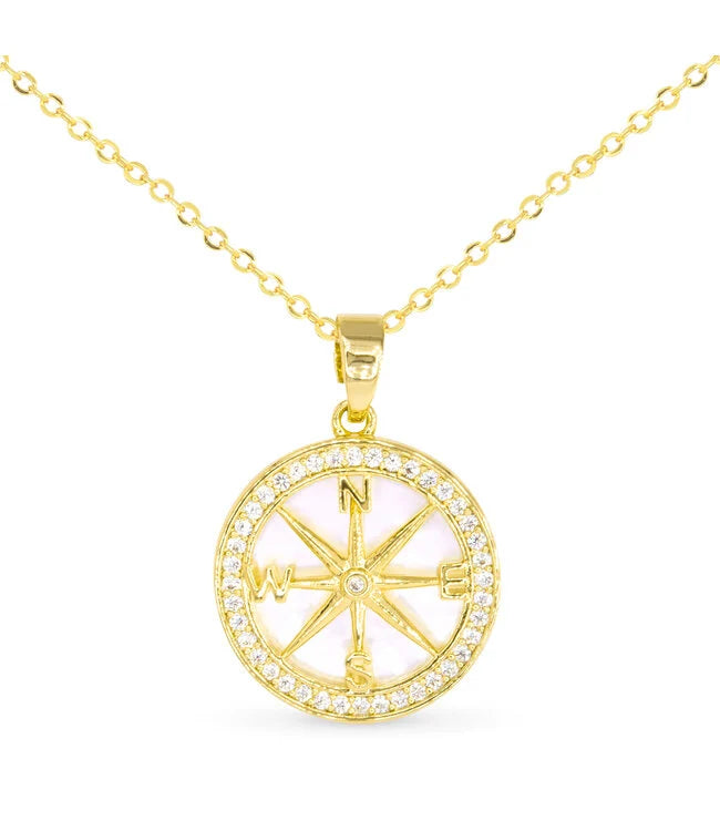 Gold Cubic Zirconia & Mother Of Pearl Compass Necklace