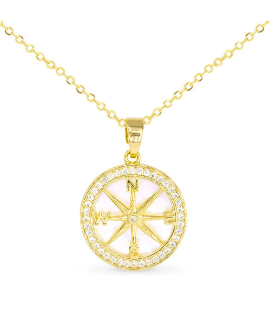 Gold Cubic Zirconia & Mother Of Pearl Compass Necklace