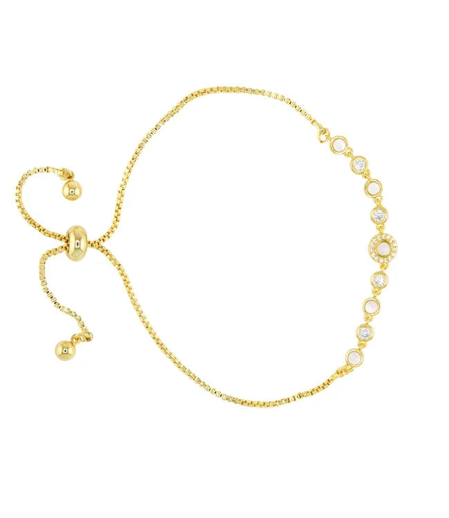 Gold Mother Of Pearl and CZ Circle Pull-Cord Bracelet