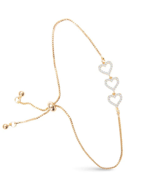 Gold Triple Heart Cubic Zirconia Pull Cord Bracelet