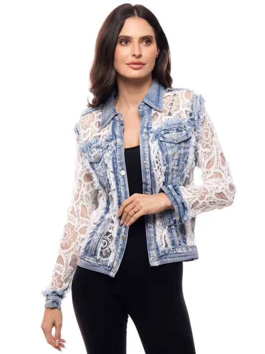Lace Insert Distressed Denim Jacket