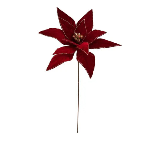 Deep Red Royal Velvet Gold Edge Poinsettia Stem 26”