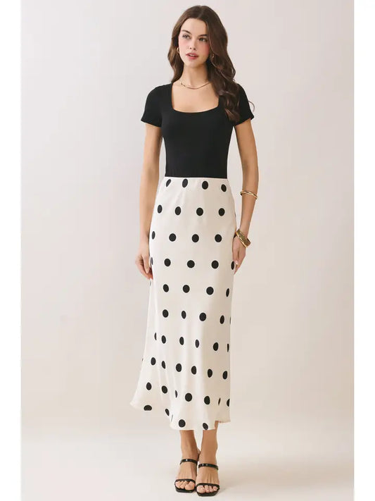Off-White Polka Dot Print Elastic Waistband Maxi Skirt