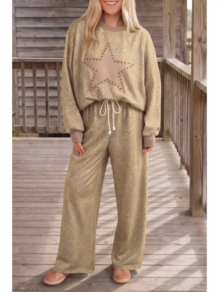 Leopard Print Star Patch Loose 2 Piece Pants Set
