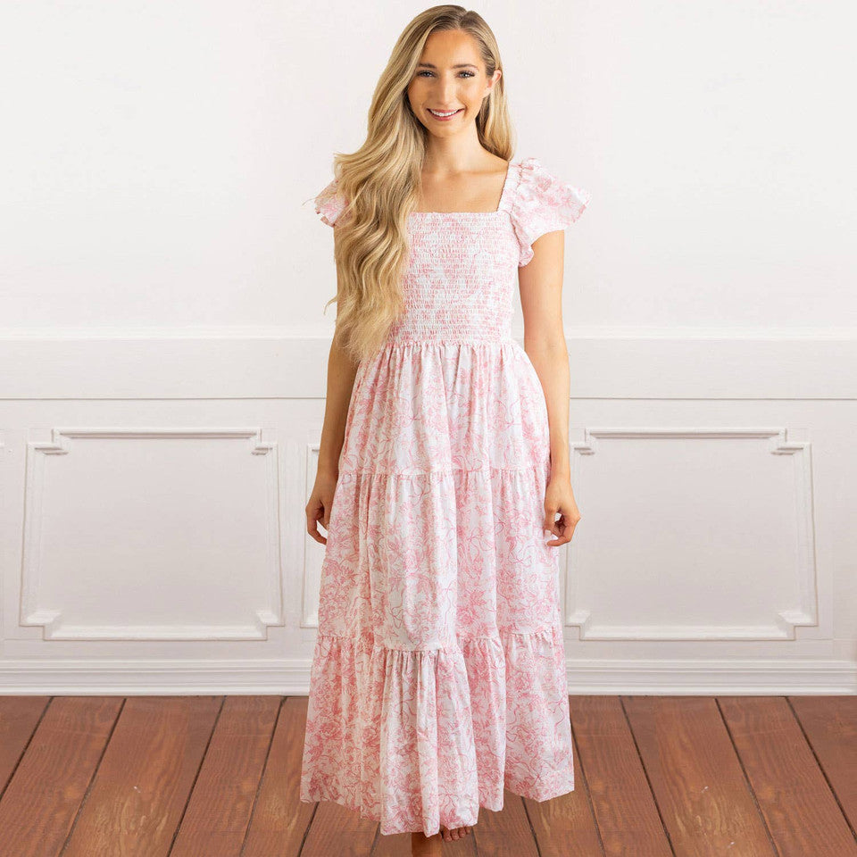 Pink Bow Toile Smocked Flutter Sleeve Dress