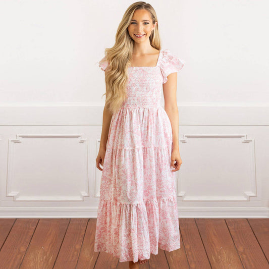 Pink Bow Toile Smocked Flutter Sleeve Dress