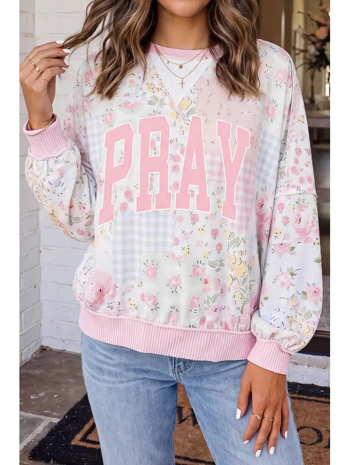 LA Society Pray Floral Plaid Patchwork Crew Neck Knit Top