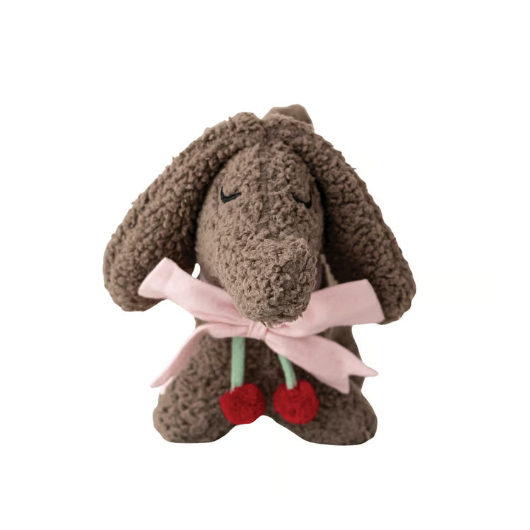 Faux Sherpa Dog Shaped Pillow With Pink Bow & Cherries