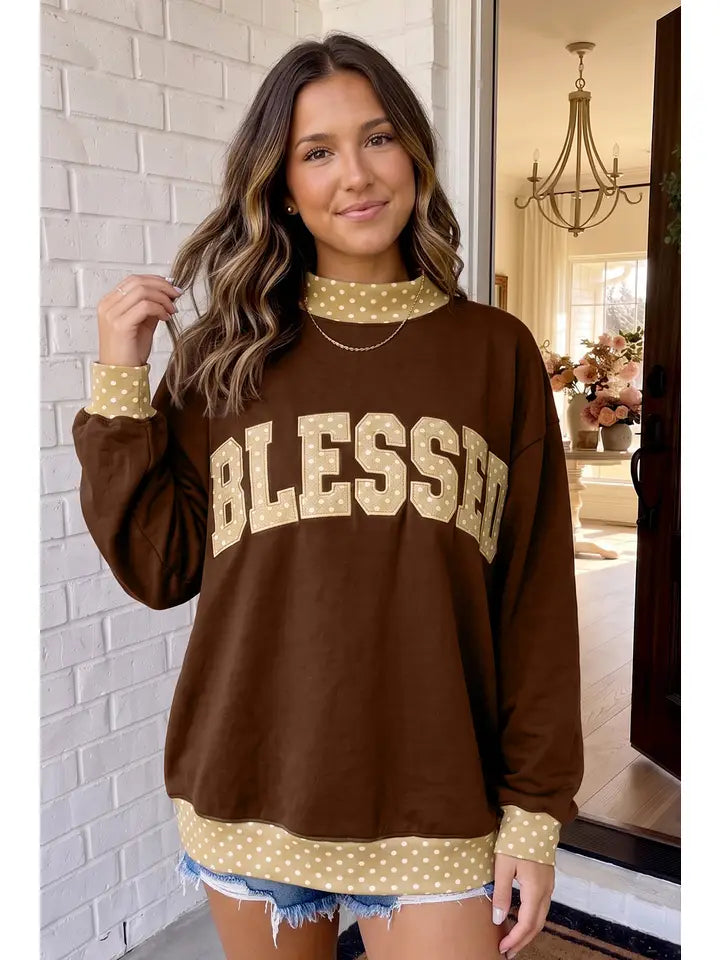 Brown Blessed Polka Dot Mock Neck Sweatshirt
