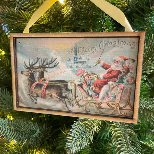 Vintage Postcard Ornament Santa in Sleigh