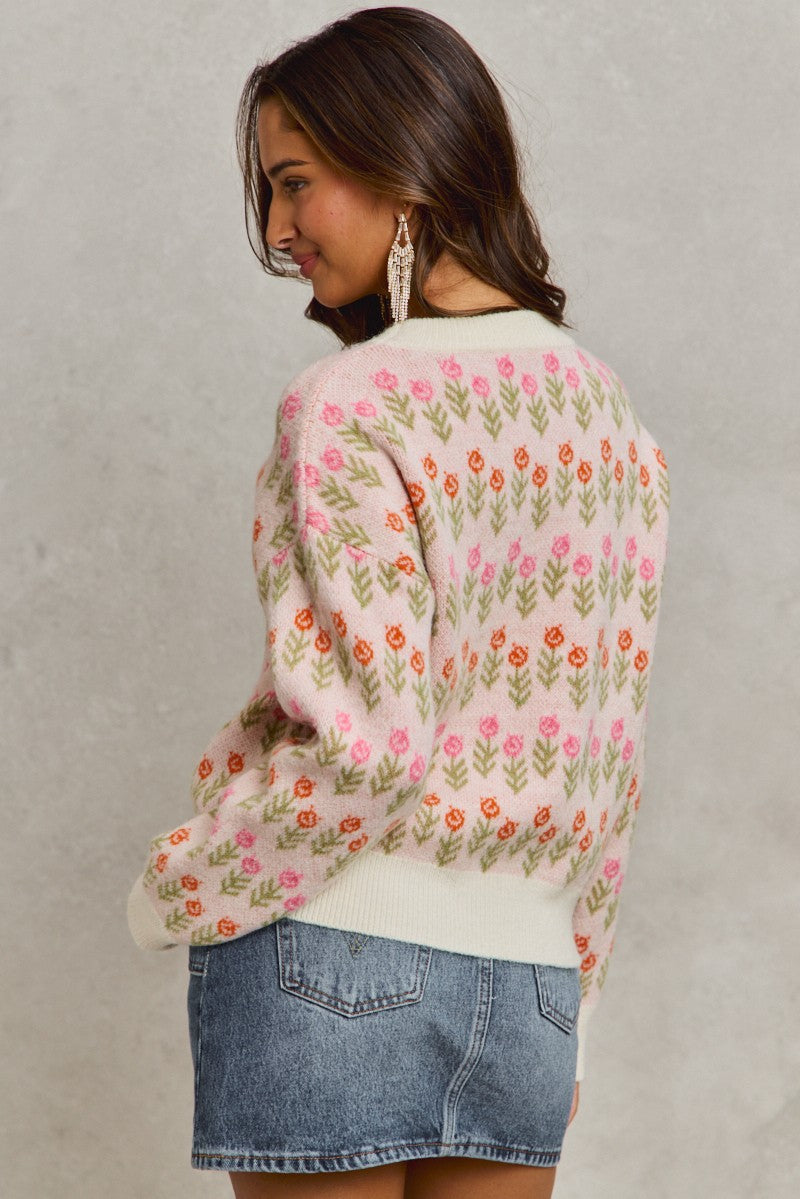 Flower Patterned Loose Fit Pullover Sweater Top