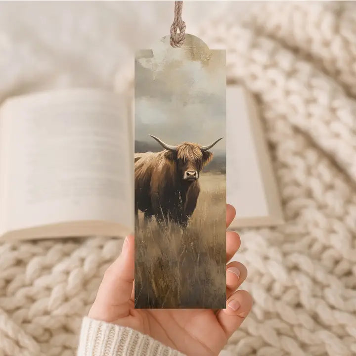 Wood Bookmark Highland Cow In Meadow