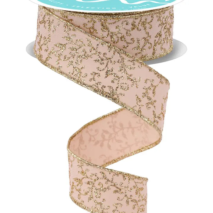 Beige & Gold Glitter Mini Leaf Vines Ribbon