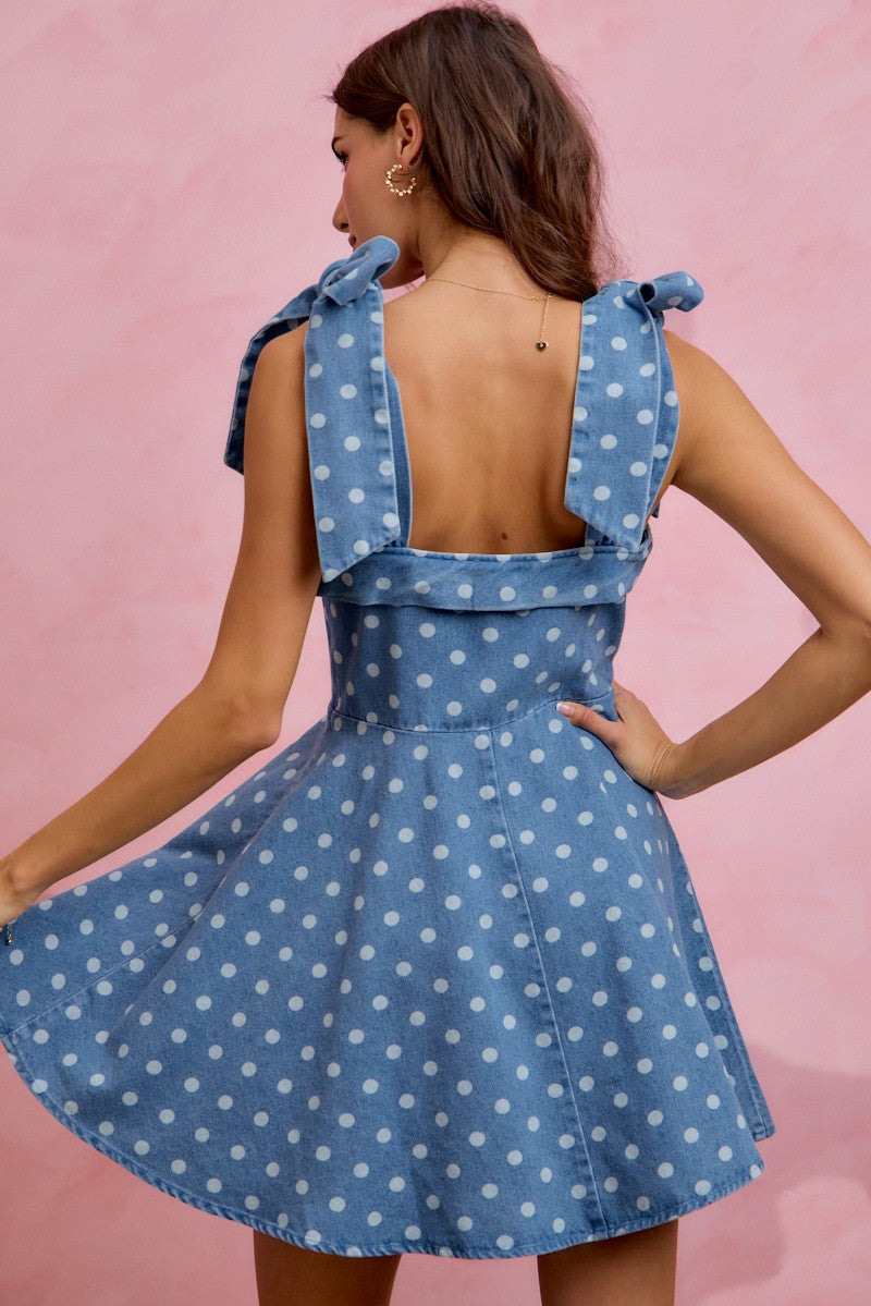 Polka Dot Denim Flare Mini Dress