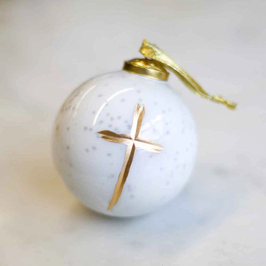 White Glass Ball Ornament With Gold Cross