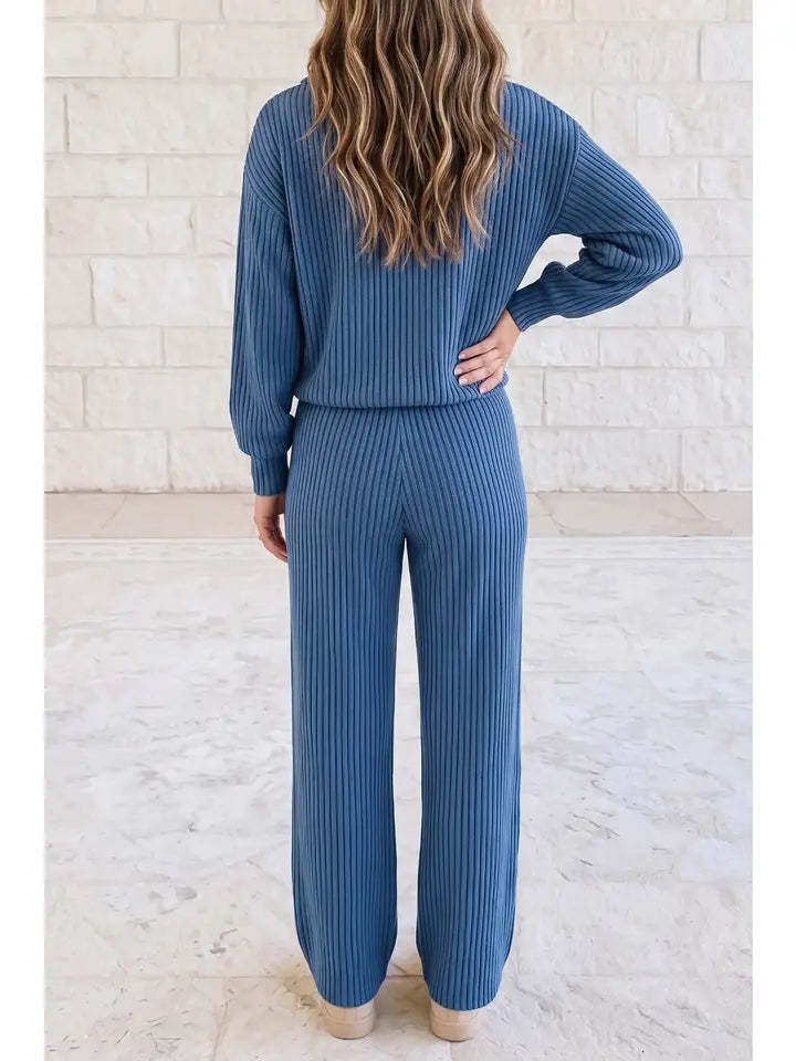 Knit Collar V Neck Pullover Drawstring Waist Pants 2pcs Set